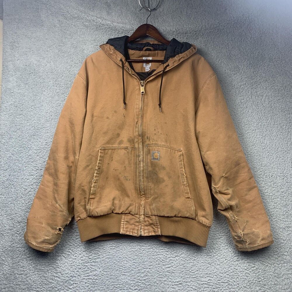 Carhartt Jacket Mens XL Brown Duck Thrashed Active Hooded Quilt Lined 104050